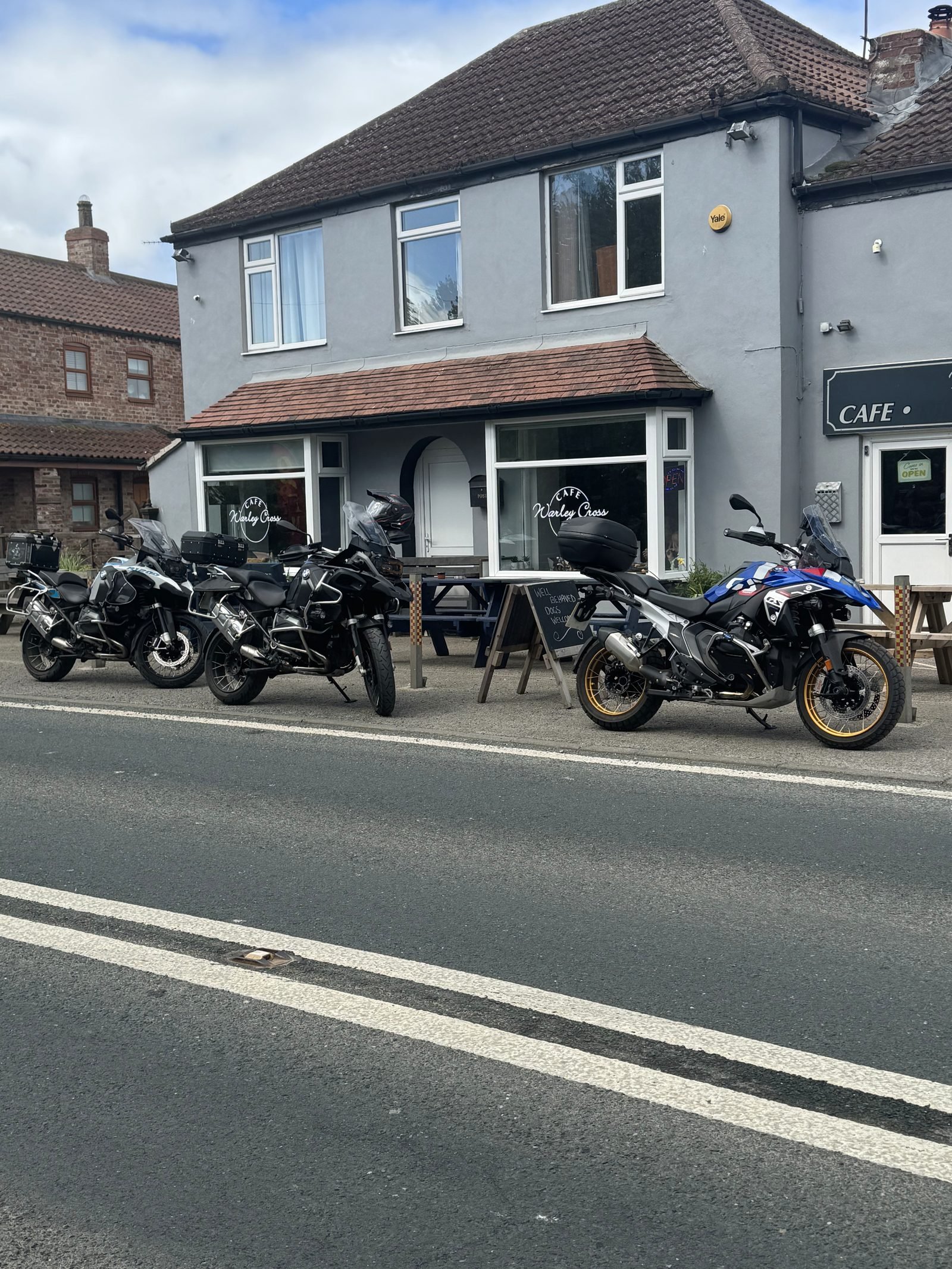 Motorbikes lined up outside the café on Bridlington Road