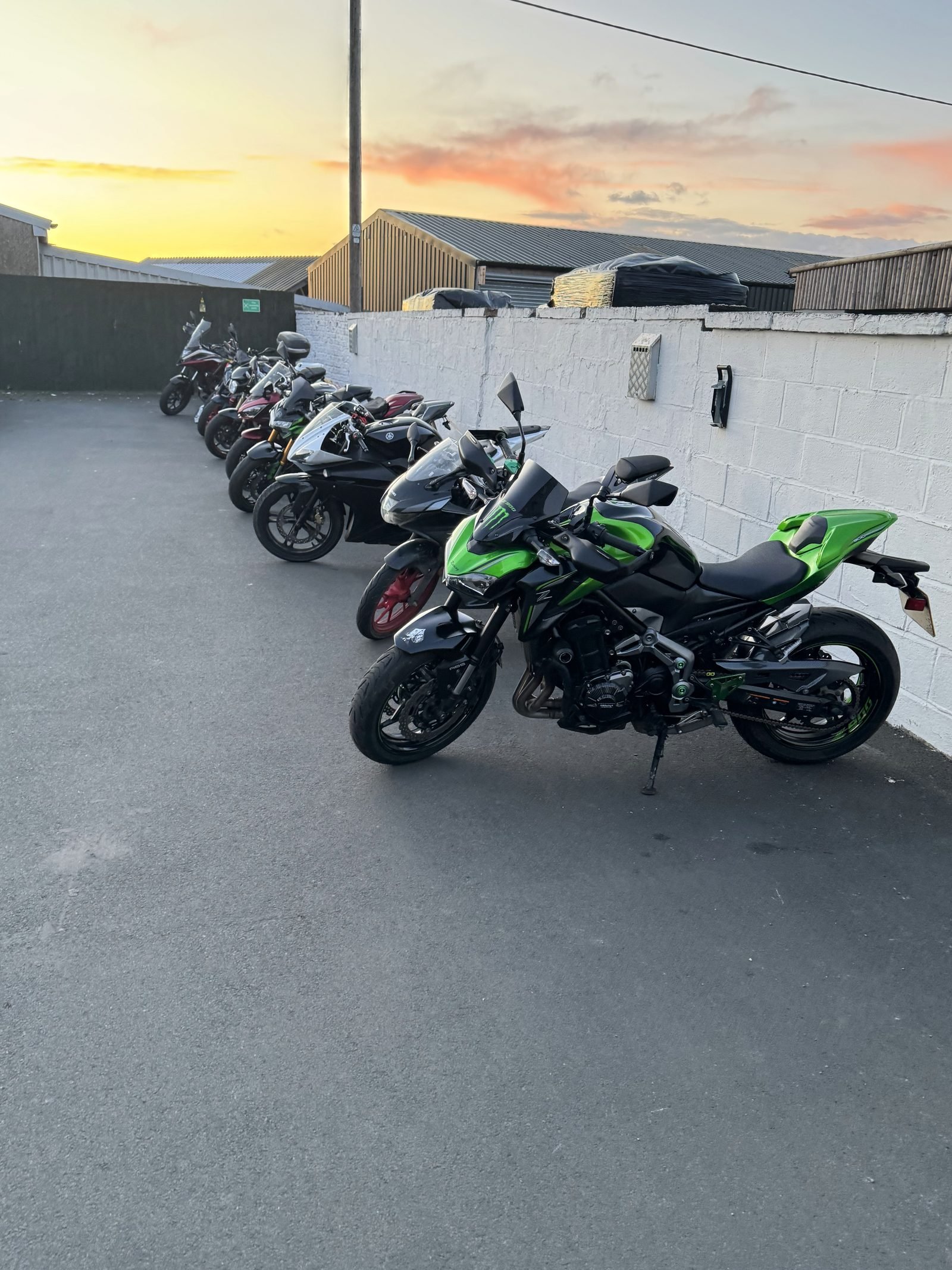 Motorbikes at Warley Cross Cafe at sunset